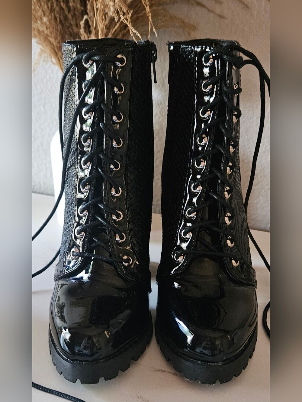 Olivia Fargiano Black Patent & Suede Tie Up Boots - Picture 4 of 10